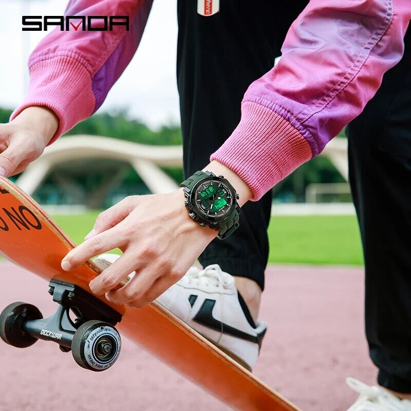 SANDA Ceas militar cu afișaj dublu, sport în aer liber, cadran mare, 50 m, cu quartz, impermeabil, ceasuri digitale multifuncționale cu LED pentru bărbați