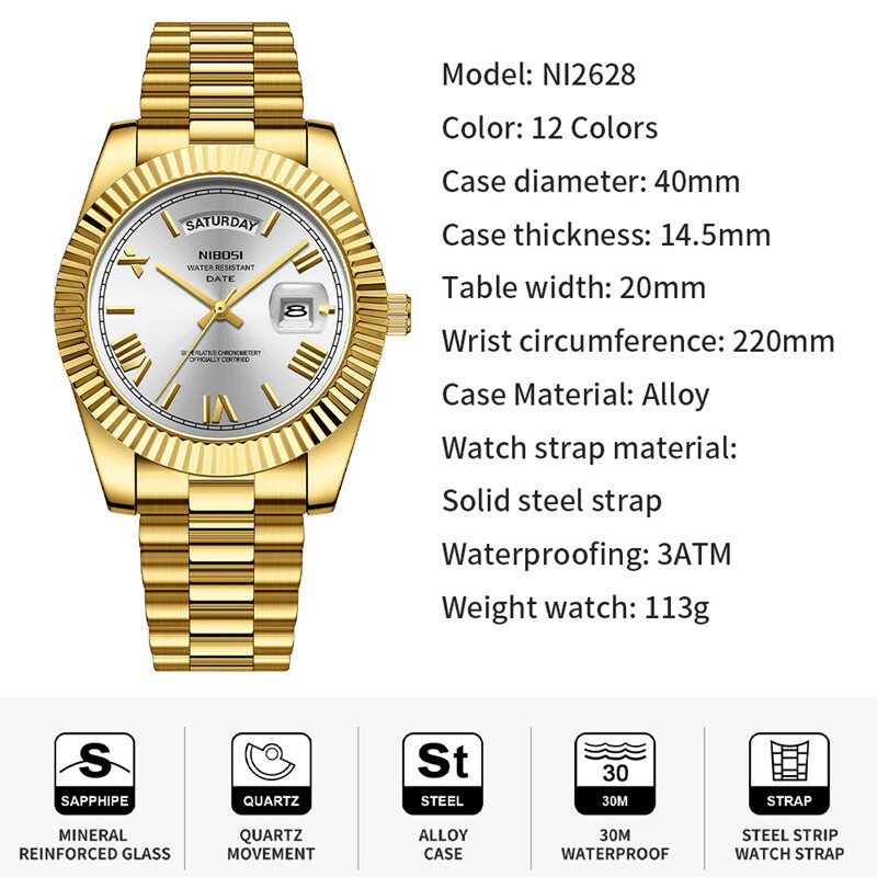 NIBOSI, marca de lux, ceas de cuarț, auriu, roșu, pentru bărbați, din oțel inoxidabil, rezistent la apă, luminoasă, săptămâna, ceasuri de modă pentru bărbați, ceasuri pentru bărbați