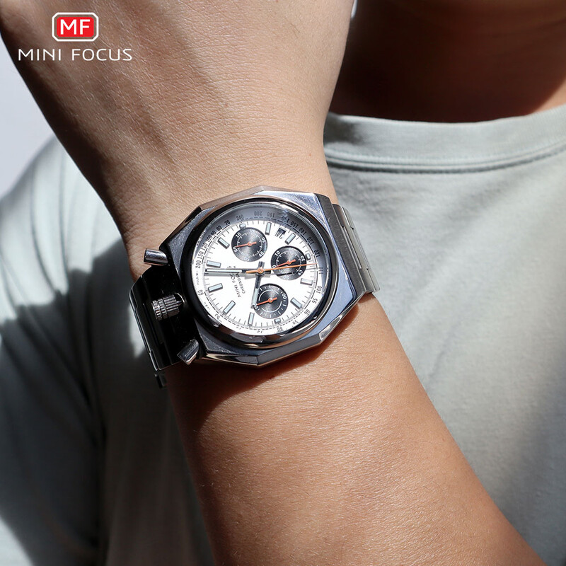 MINI FOCUS Ceas de cuarț cu cronograf pentru bărbați Ceas de mână luminos, rezistent la apă, cu calendar, curea din oțel inoxidabil 0601