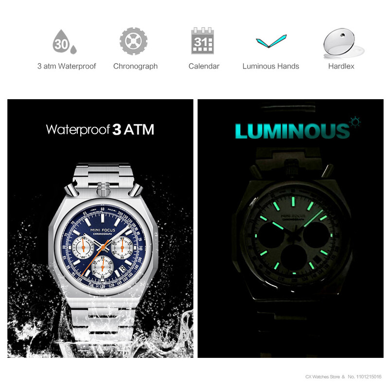 MINI FOCUS Ceas de cuarț cu cronograf pentru bărbați Ceas de mână luminos, rezistent la apă, cu calendar, curea din oțel inoxidabil 0601