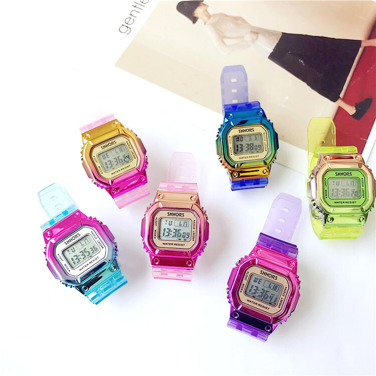 Ceasuri digitale cu LED cu gradient de culoare la modă 2020, cadran dreptunghiular, ceasuri electronice multifuncționale, ceasuri sport pentru femei, ceas