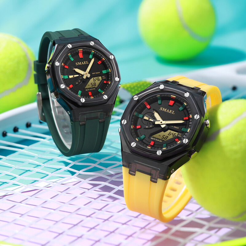 SMAEL Аналогови и цифрови часовници с двоен дисплей за жени Модни ежедневни розови силиконови спортни електронни ръчни часовници Дамски подарък