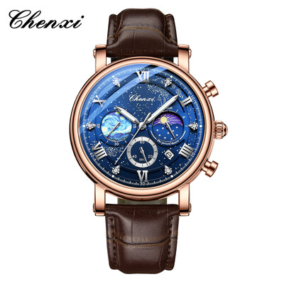 CHENXI ceasuri de lux pentru bărbați, impermeabil, cu stea, luminos, pentru bărbați, de înaltă calitate, cu cronograf, din piele, ceas de mână, pentru bărbați