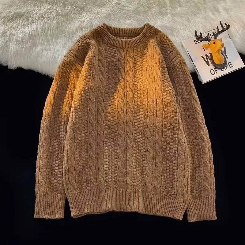 Twist pulover Muška pletena odjeća Zima 2024. Novi jednobojni široki pulover s okruglim izrezom Muški puloveri pleteni široki preveliki muški džemper