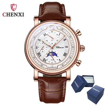 CHENXI 976 Ceas Bărbați Cronograf din piele Ceasuri cu quartz Faza Lunii Cronometrare Afaceri Ceas de mână luminos Relojes para