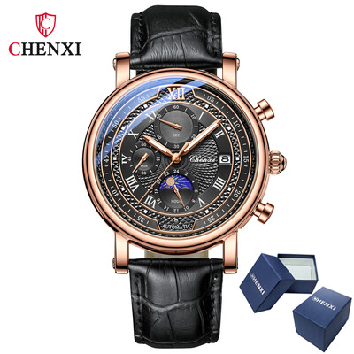 CHENXI 976 Ceas Bărbați Cronograf din piele Ceasuri cu quartz Faza Lunii Cronometrare Afaceri Ceas de mână luminos Relojes para