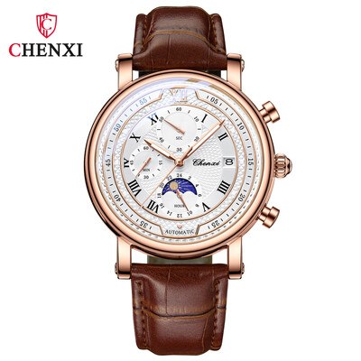 CHENXI 976 Ceas Bărbați Cronograf din piele Ceasuri cu quartz Faza Lunii Cronometrare Afaceri Ceas de mână luminos Relojes para