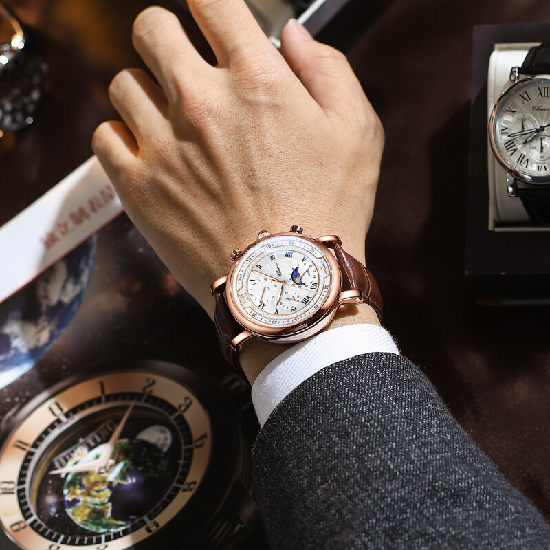 CHENXI 976 Ceas Bărbați Cronograf din piele Ceasuri cu quartz Faza Lunii Cronometrare Afaceri Ceas de mână luminos Relojes para