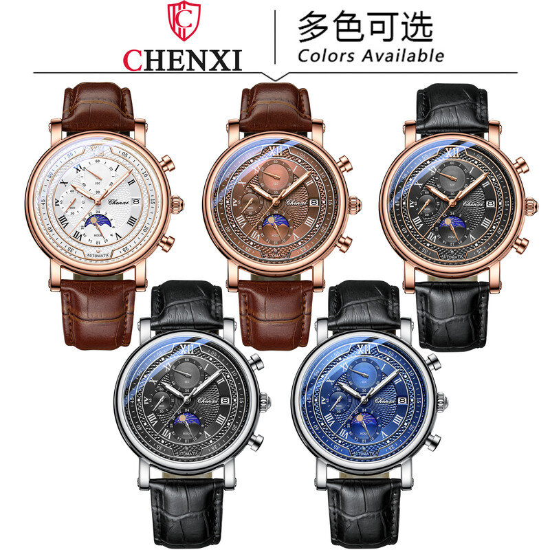 CHENXI 976 Ceas Bărbați Cronograf din piele Ceasuri cu quartz Faza Lunii Cronometrare Afaceri Ceas de mână luminos Relojes para