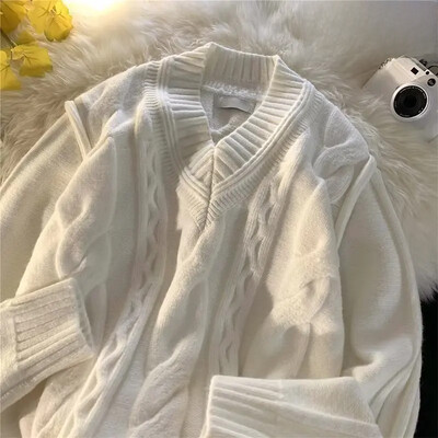 Pulover alb cu decolteu în V, îngroșat, din tricot cu cablu, pentru bărbați, iarna, cu o formă lejeră, de nișă, tricotat la modă.