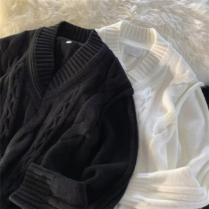 Pulover alb cu decolteu în V, îngroșat, din tricot cu cablu, pentru bărbați, iarna, cu o formă lejeră, de nișă, tricotat la modă.