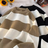 2025. gada ziemas vīriešu džemperis ar garām piedurknēm, svītrains korejiešu modes džemperis, trikotāžas džemperi, ikdienišķa kakla džemperi, Y2K ielas apģērbs