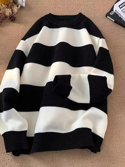 2025. gada ziemas vīriešu džemperis ar garām piedurknēm, svītrains korejiešu modes džemperis, trikotāžas džemperi, ikdienišķa kakla džemperi, Y2K ielas apģērbs