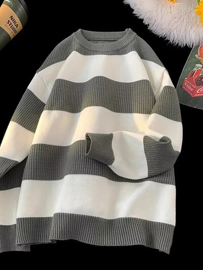 2025. gada ziemas vīriešu džemperis ar garām piedurknēm, svītrains korejiešu modes džemperis, trikotāžas džemperi, ikdienišķa kakla džemperi, Y2K ielas apģērbs