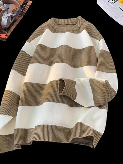 2025. gada ziemas vīriešu džemperis ar garām piedurknēm, svītrains korejiešu modes džemperis, trikotāžas džemperi, ikdienišķa kakla džemperi, Y2K ielas apģērbs