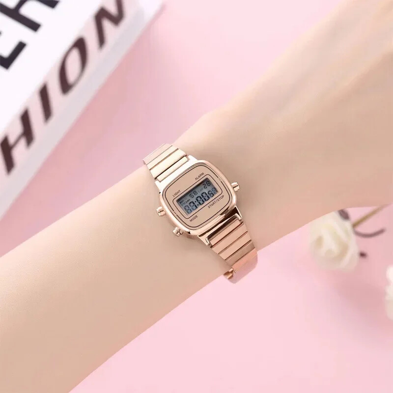 Vintage kvadrātveida elektroniskais pulkstenis ar digitālo displeju sievietēm un vīriešiem, rozā zelta sudraba luksusa sieviešu pulkstenis