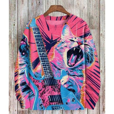 Tricou cu mânecă lungă cu pisică cu imprimeu, pentru bărbați, hanorace supradimensionate, pulover, toamnă, bărbați, femei, hanorac cu gât rotund, haine unisex la modă