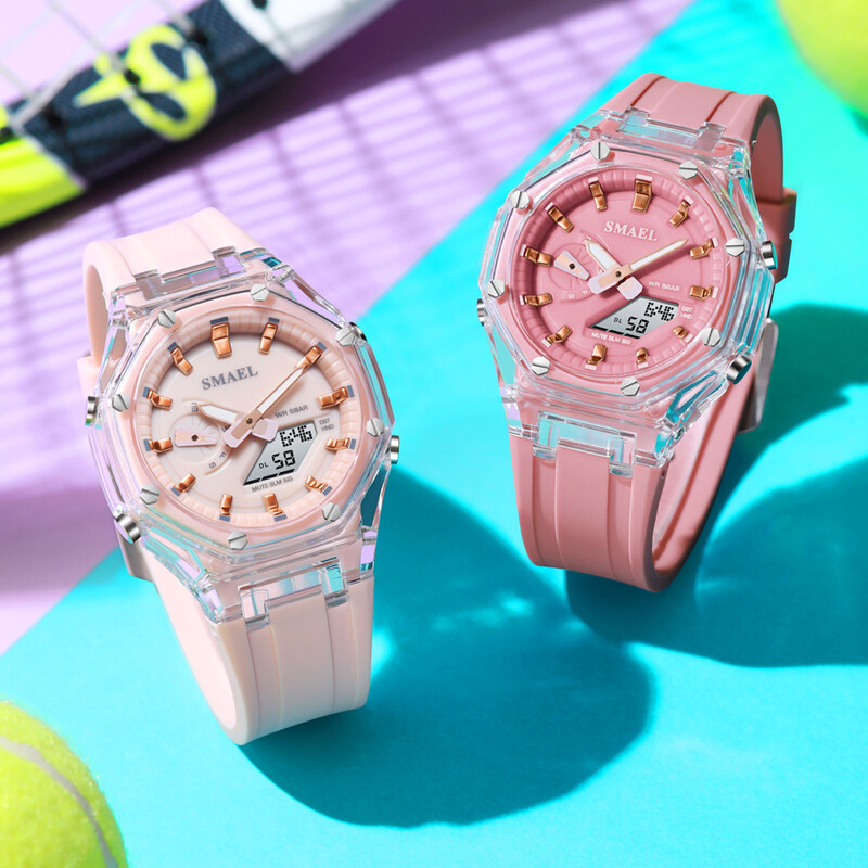SMAEL Analogni i digitalni satovi s dva zaslona za žene Modni ležerni ružičasti silikonski sportski elektronički ručni satovi Poklon za žene