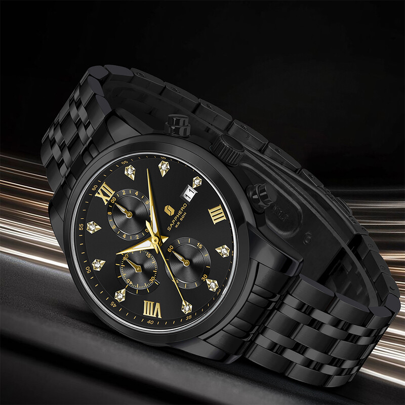 SAPPHERO Ceas pentru bărbați de top Ceas de lux Cadran cu diamante Ceas pentru bărbați din oțel inoxidabil Ceas de cadou pentru bărbați cu sincronizare de precizie