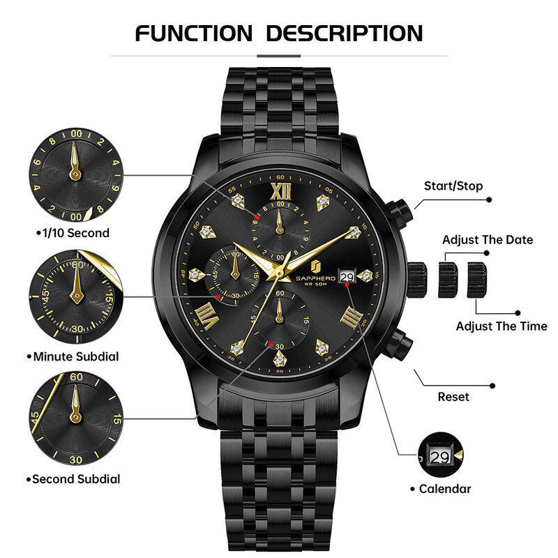 SAPPHERO Ceas pentru bărbați de top Ceas de lux Cadran cu diamante Ceas pentru bărbați din oțel inoxidabil Ceas de cadou pentru bărbați cu sincronizare de precizie