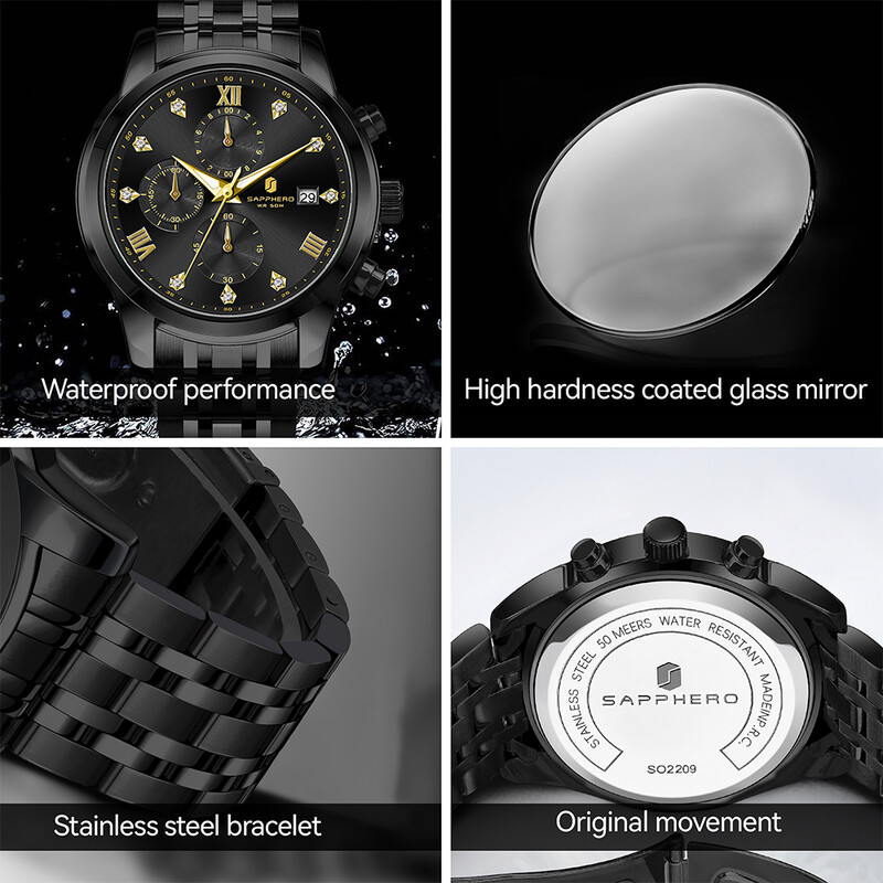 SAPPHERO Ceas pentru bărbați de top Ceas de lux Cadran cu diamante Ceas pentru bărbați din oțel inoxidabil Ceas de cadou pentru bărbați cu sincronizare de precizie