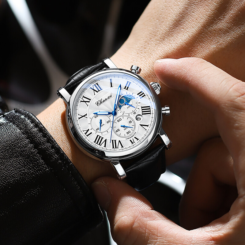 Pulksteņi vīriešiem Luksusa zīmols Ūdensizturīgs Ādas Vīriešu Kvarca Sporta Pulkstenis Modes Gaismas Kalendārs Hronogrāfs Rokas pulksteņi Pulkstenis