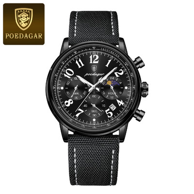 POEDAGAR Ceas de sport militar de lux pentru bărbați, impermeabil, luminos, cronograf, dată, ceasuri pentru bărbați, cuarț, nailon, piele, ceas pentru bărbați