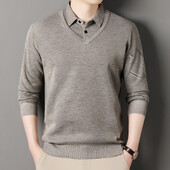 Pulover cu căptușeală fleece pentru bărbați, toamnă iarnă, pulover, guler de cămașă polo, fals, două piese, groase, caldă, haine, tricotaje ocazionale