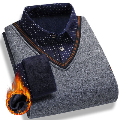 Pulover cu căptușeală fleece pentru bărbați, toamnă iarnă, pulover, guler de cămașă polo, fals, două piese, groase, caldă, haine, tricotaje ocazionale