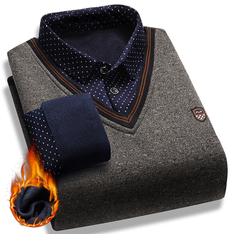 Pulover cu căptușeală fleece pentru bărbați, toamnă iarnă, pulover, guler de cămașă polo, fals, două piese, groase, caldă, haine, tricotaje ocazionale