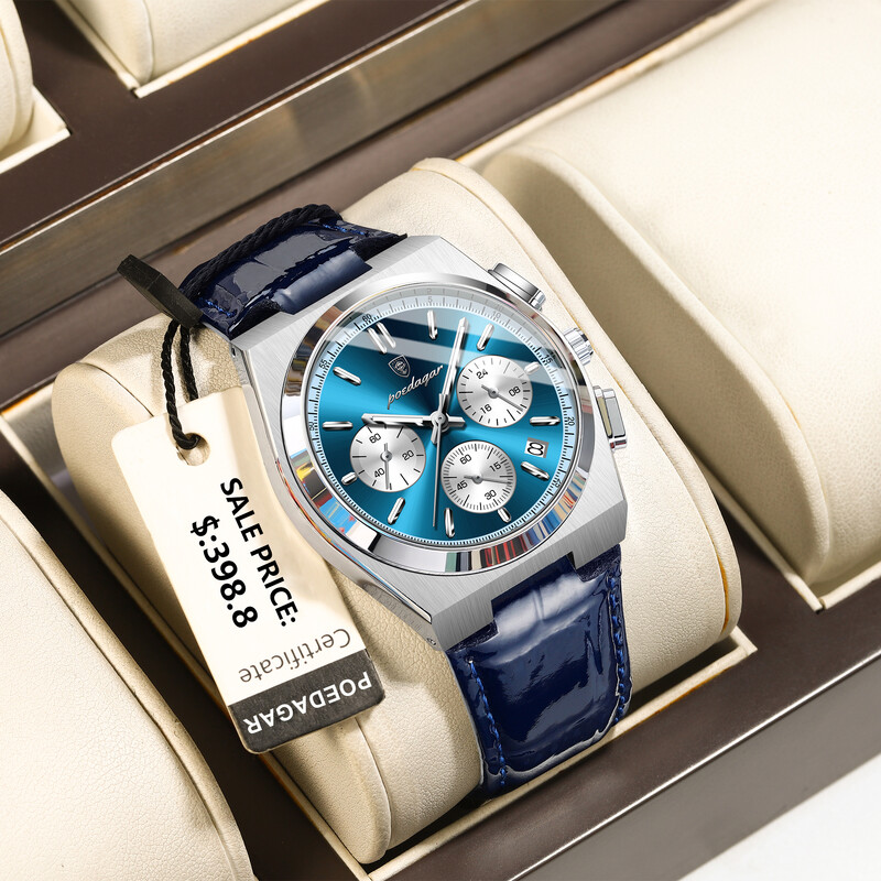 POEDAGAR Ceas de lux pentru bărbați din piele, sport, militar, ceas pentru bărbați, impermeabil, luminos, cronograf, dată, cuarț, ceasuri pentru bărbați