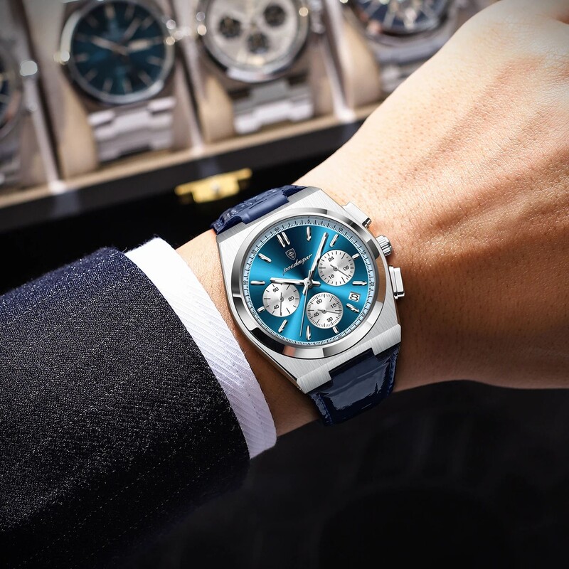 POEDAGAR Ceas de lux pentru bărbați din piele, sport, militar, ceas pentru bărbați, impermeabil, luminos, cronograf, dată, cuarț, ceasuri pentru bărbați