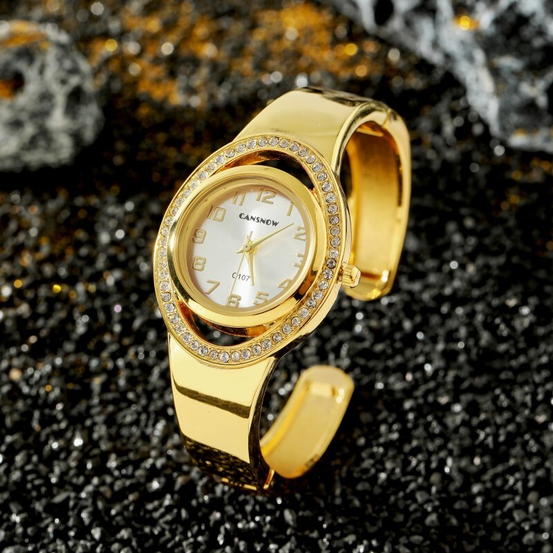 CANSNOW Moda de lux Cadran rotund Ceas de cuarț cu stras pentru dama Ceas elegant pentru femei Saati Relojes