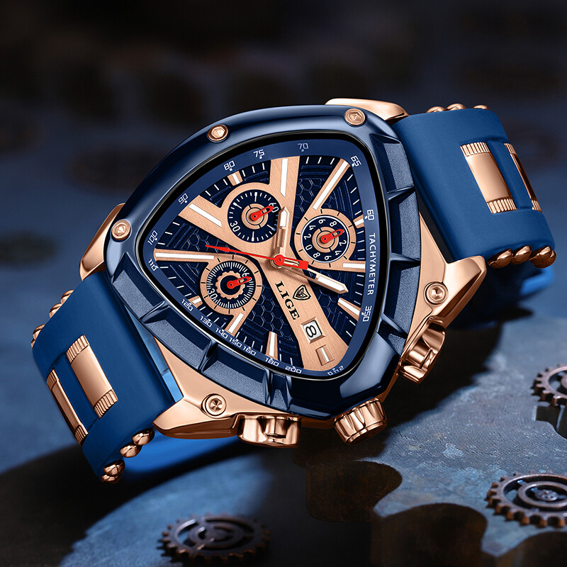 LIGE Fashion Ceas Bărbați Triunghi Cronograf Militar Ceas de mână Sport Army Ceasuri Bărbați Ceas de lux, rezistent la apă, cuarț, Reloj pentru bărbați