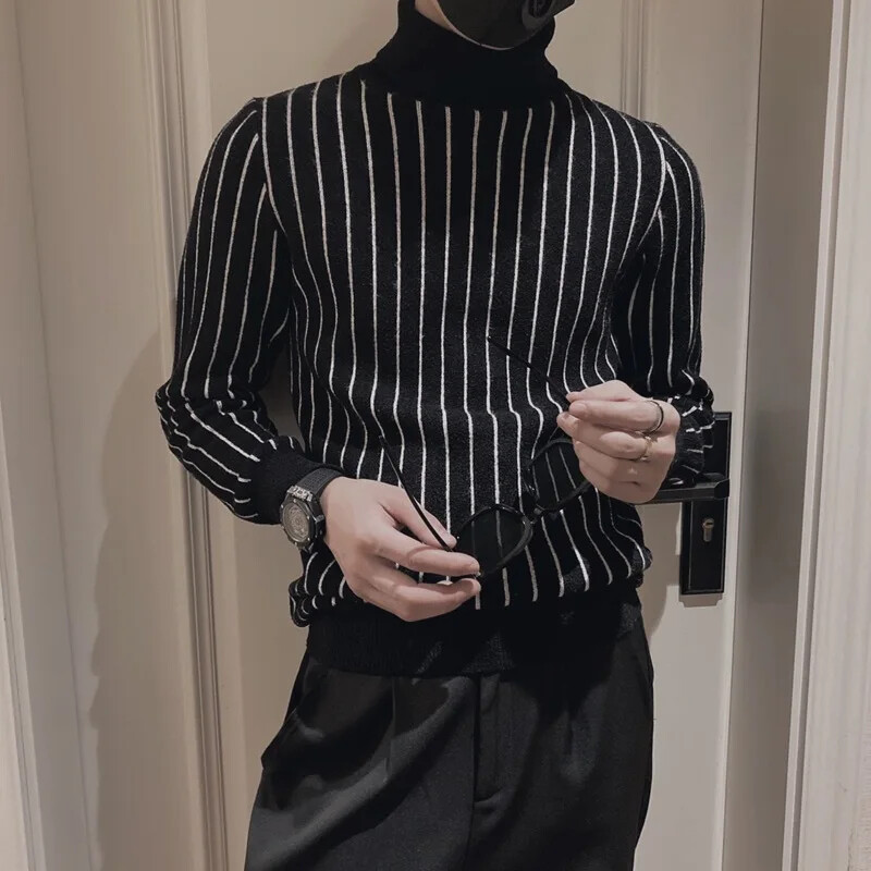 Есенно-зимно топло поло/каколенка с яка на костенурка плетено горнище за мъже Ежедневни хип-хоп панталони на райета Изглажда силуета Ви Пуловер Универсална кръчма