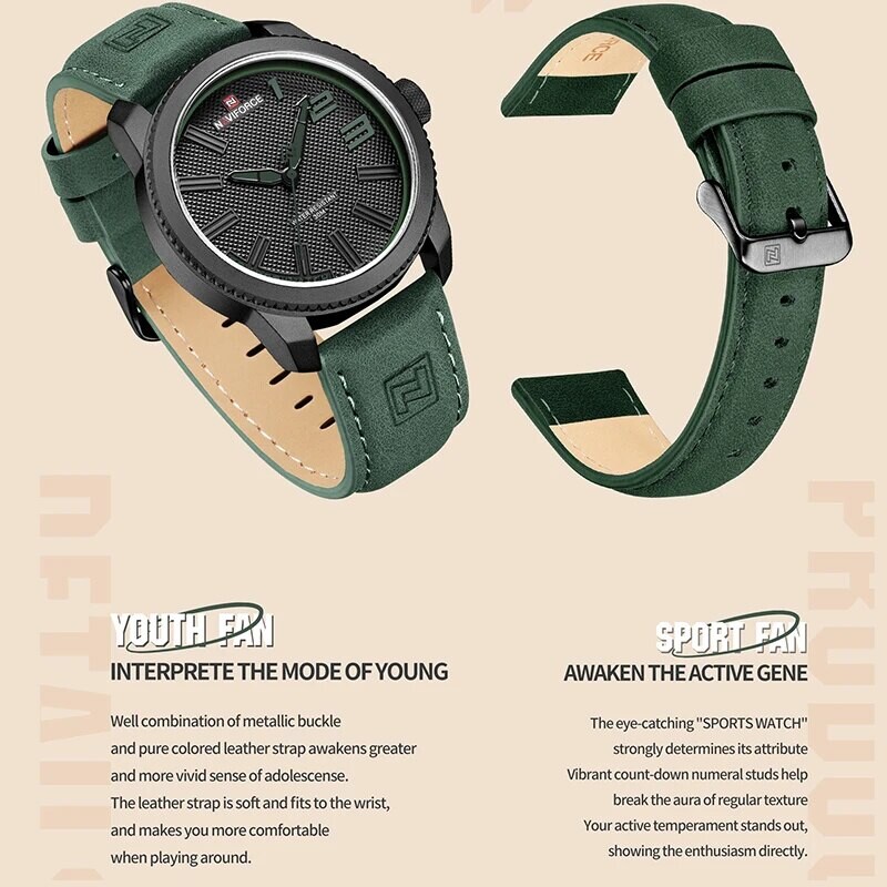 NAVIFORCE Ceas de mână popular pentru bărbați, sport militar, rezistent la șocuri, din piele, impermeabilă, la modă pentru bărbați, ocazional, ceas masculin