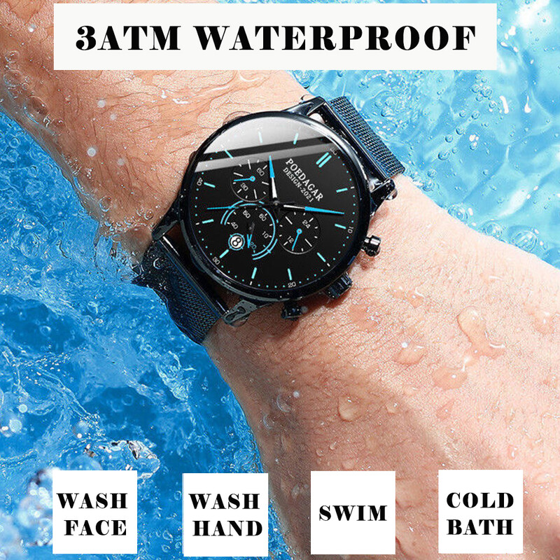 POEDAGAR muški sat, modni kronograf, tanak kvarcni muški ručni sat od nehrđajućeg čelika, vodootporan, svijetleći sportski sat s datumom