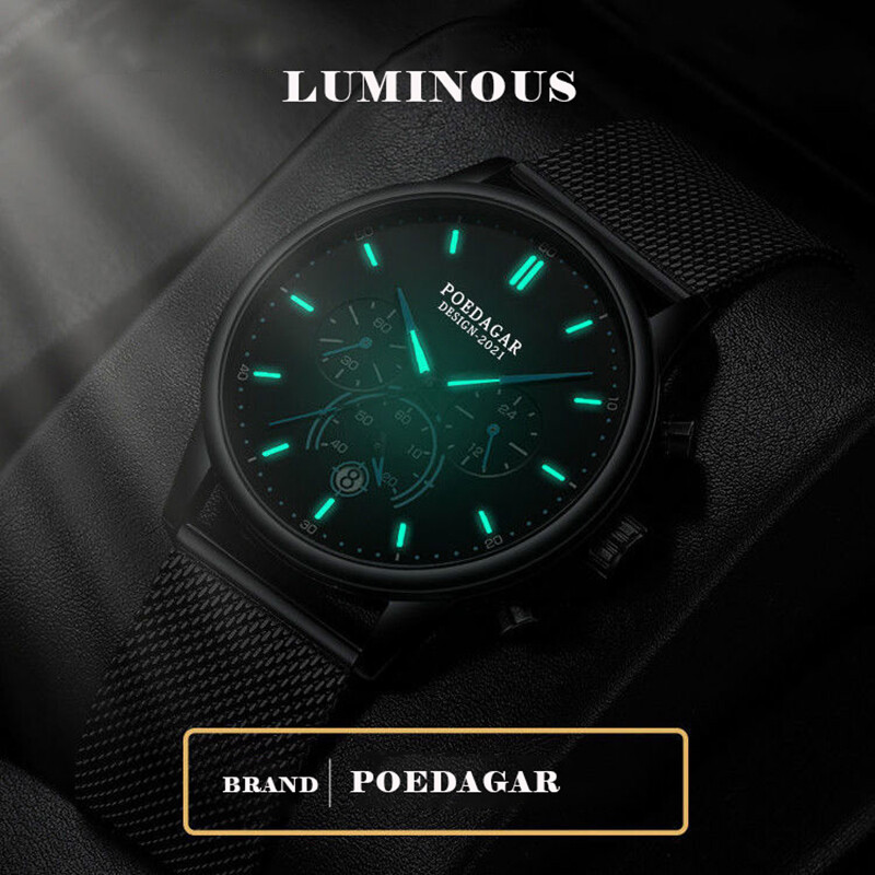 POEDAGAR muški sat, modni kronograf, tanak kvarcni muški ručni sat od nehrđajućeg čelika, vodootporan, svijetleći sportski sat s datumom