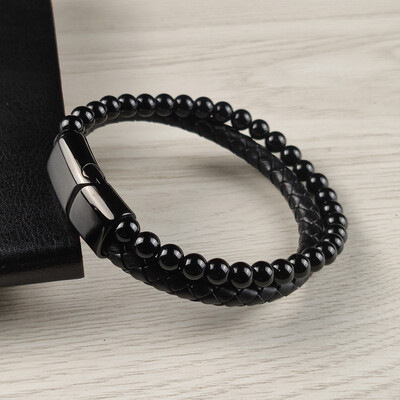 Brățară bărbați cu farmec frânghie din oțel inoxidabil piatră naturală magnetică din piele brățară cu margele din piatră vulcanică brățări cadou cu lanț