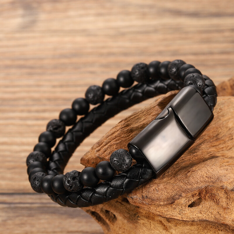 Brățară bărbați cu farmec frânghie din oțel inoxidabil piatră naturală magnetică din piele brățară cu margele din piatră vulcanică brățări cadou cu lanț