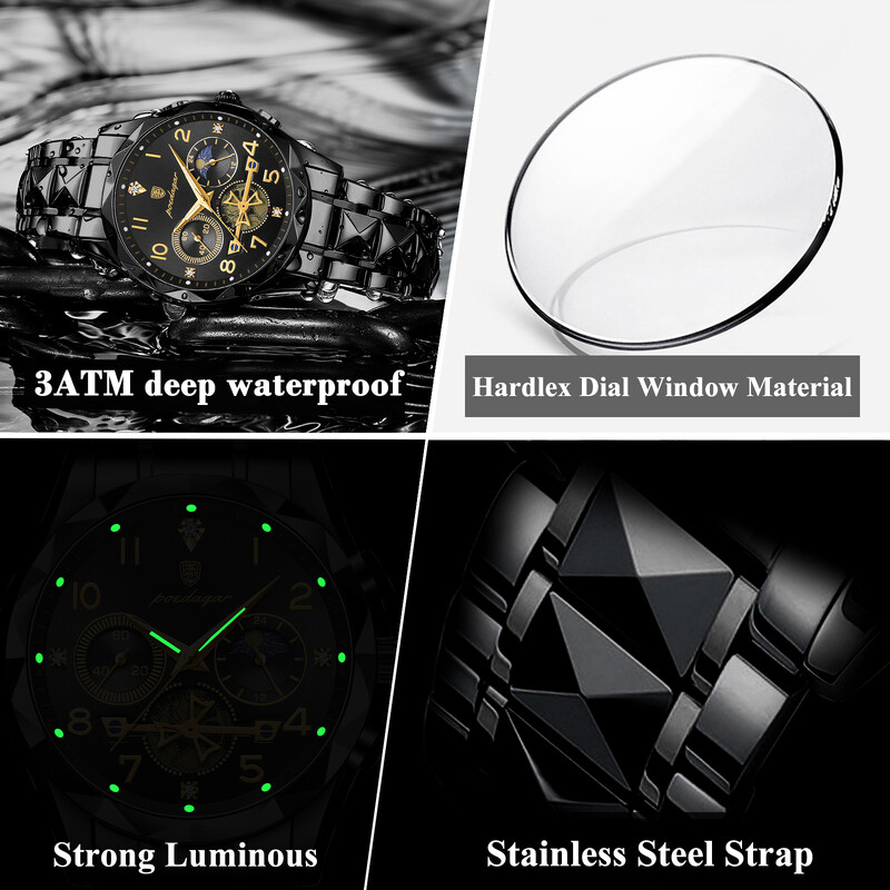 POEDAGAR Ceas de lux pentru bărbați, impermeabil, luminos, cu cronograf, pentru bărbați, cuarț, din oțel inoxidabil, ceasuri sportive pentru bărbați de înaltă calitate