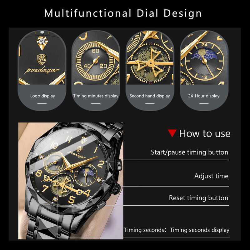 POEDAGAR Ceas de lux pentru bărbați, impermeabil, luminos, cu cronograf, pentru bărbați, cuarț, din oțel inoxidabil, ceasuri sportive pentru bărbați de înaltă calitate