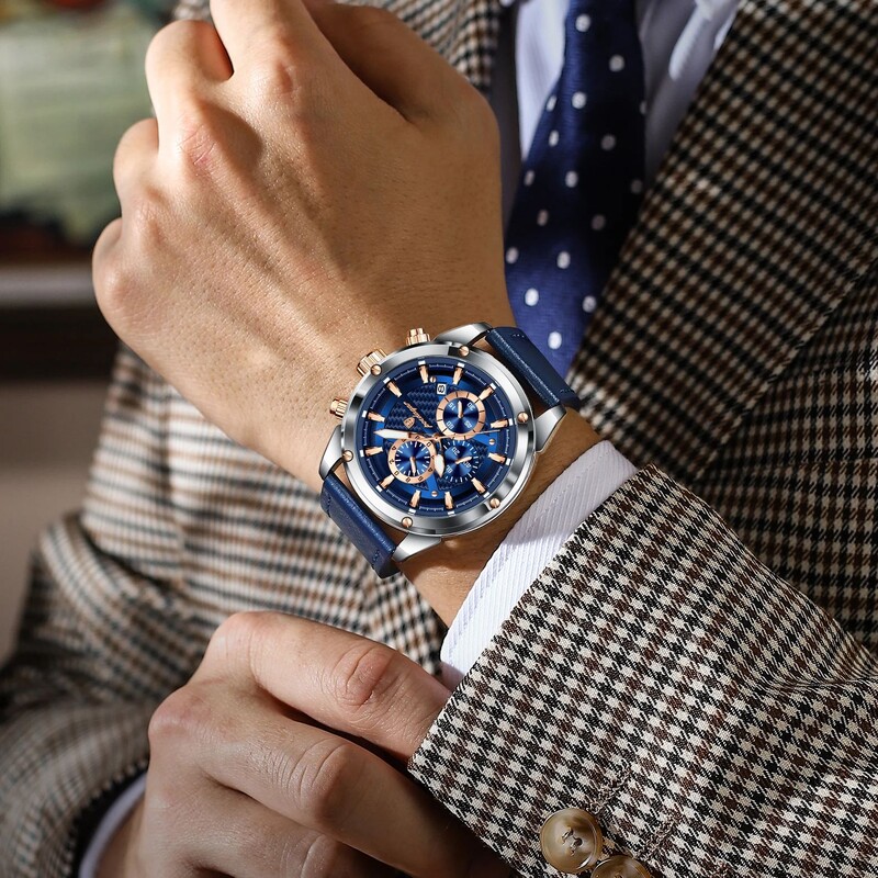 POEDAGAR Ceas de lux cu quartz pentru bărbați, cronograf, cu dată, ceasuri din piele pentru bărbați, impermeabil, luminos, militar, pentru bărbați