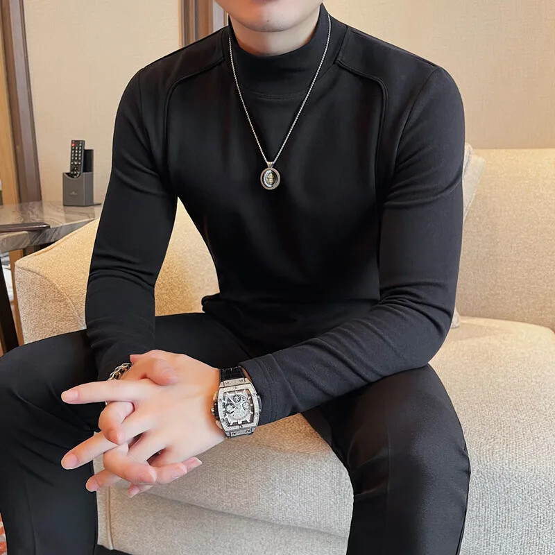Pulover în stil coreean de toamnă pentru bărbați, cu gât rotund, tricou de culoare uni, luxos, cu mâneci lungi, cămașă casual slim cu elastic 4XL-M