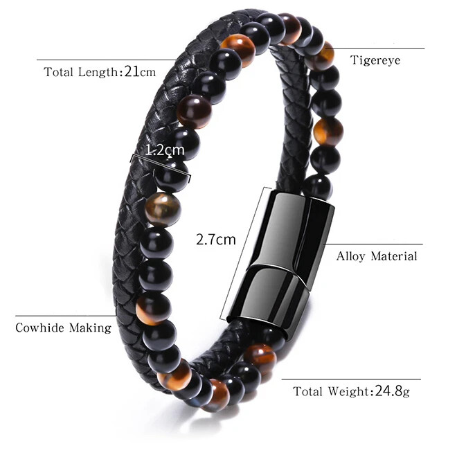 Kirykle Brățară din piele de înaltă calitate pentru bărbați, modă clasică, ochi de tigru, cu margele, brățară din piele multistrat pentru bărbați, cadou de bijuterii