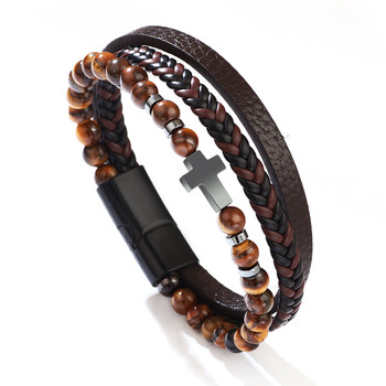 Μόδα Christian Cross Multi Layers Φυσική Πέτρα Tiger Eyes Beads Χειροποίητα πλεκτά τεχνητό δέρμα βραχιόλια για άνδρες Δώρο