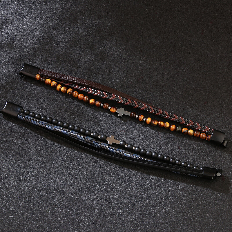 Cruce creștină de modă, cu mai multe straturi, piatră naturală, mărgele ochi de tigru, împletite manual, brățări din piele artificială pentru bărbați, cadou