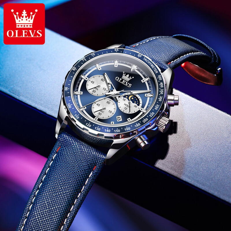 OLEVS Trend Classic vīriešu kvarca pulksteņu kalendārs logs gaismas rādītājs ūdensizturīgs mēness fāzes ērts ādas siksniņa vīriešu pulkstenis