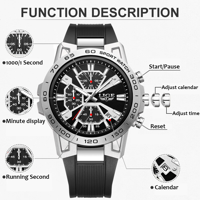 Ceasuri de bărbați LIGE pentru bărbați, roșu, rezistent la apă, cronograf, ceas de mână, luminos, de afaceri, pentru bărbați, ceas cu calendar, relogio masculino
