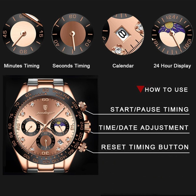 POEDAGAR Ceas de lux pentru bărbați, cronograf, impermeabil, cu dată luminoasă, ceas de mână pentru bărbați, sport în aer liber, din oțel inoxidabil, ceasuri de cuarț pentru bărbați